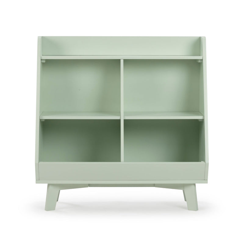 Mint green wooden 4-cubby bookshelf with angled sides and mid-century modern tapered legs, children's nursery storage organizer