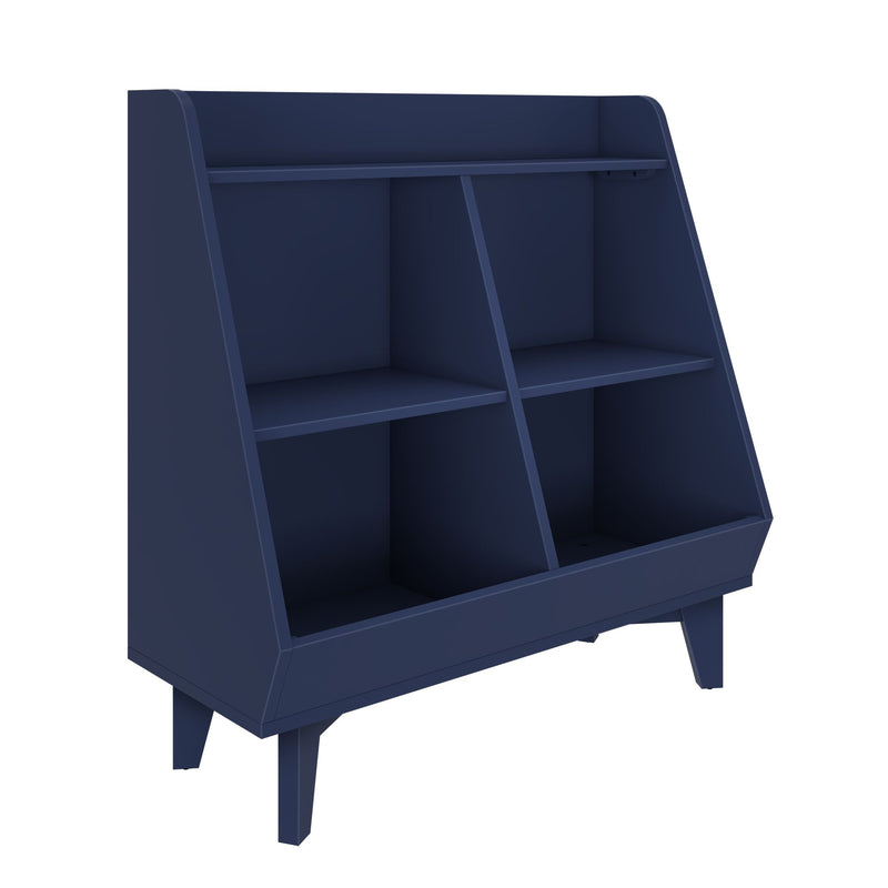 Navy blue mid-century modern wooden bookshelf and storage unit with angled sides, four open cubbies and tapered legs optimized for living room or nursery
