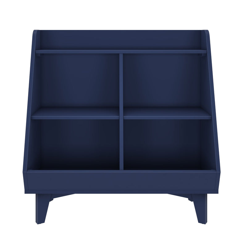 Navy blue wooden four-cubby bookshelf with angled sides and tapered legs, modern freestanding storage organizer for living room, bedroom, or nursery