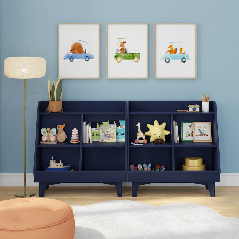 Navy blue children's bookshelf and toy storage in light-blue nursery with framed animal wall art, children's books, plush toys, floor lamp and orange pouf