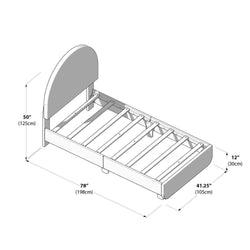 Twin-size platform bed frame with rounded headboard, wooden slats and low footboard — dimensions 78 in x 41.25 in x 50 in (198 x 105 x 125 cm), 12 in (30 cm) footboard height