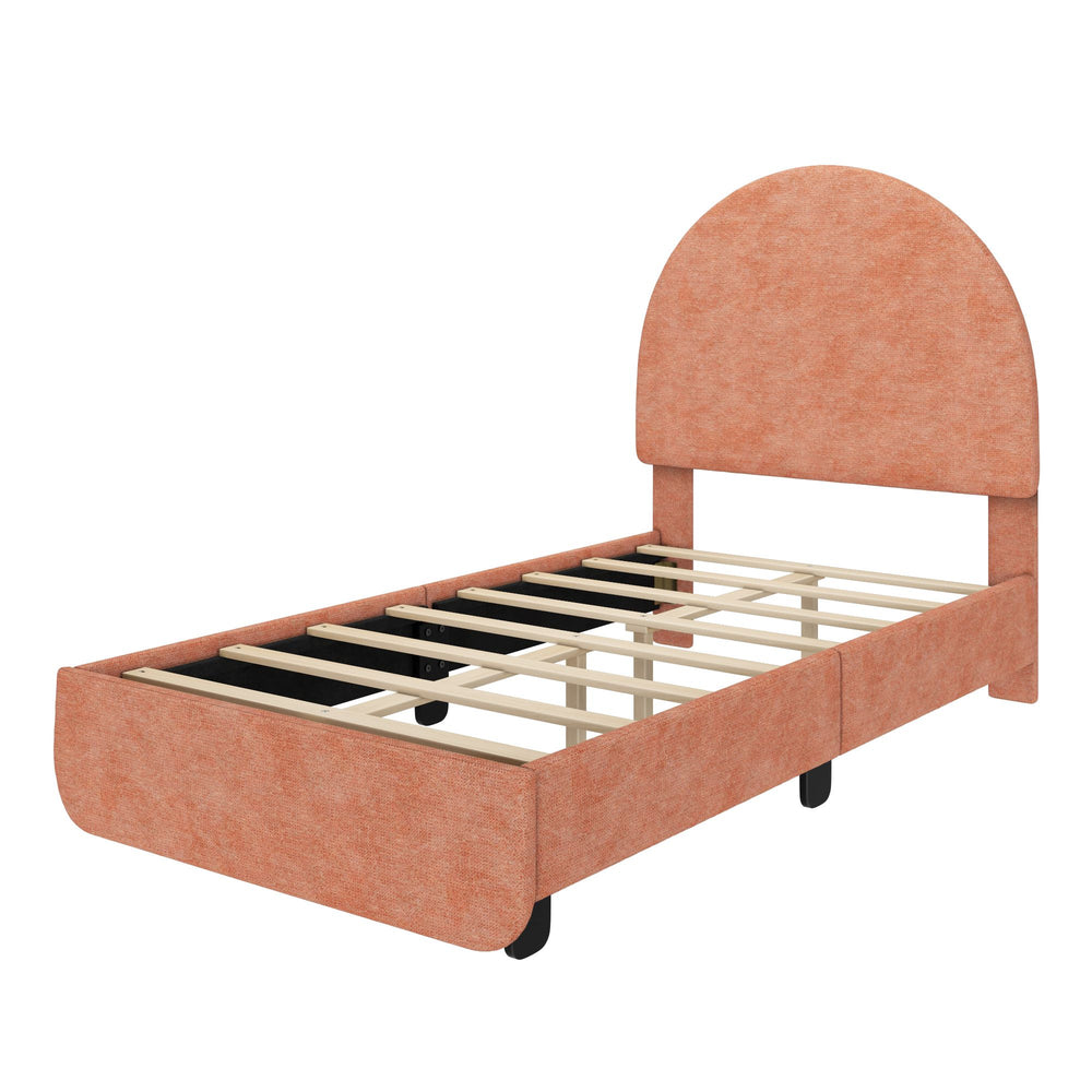 Modern orange twin bed frame with arched headboard and wooden slats.