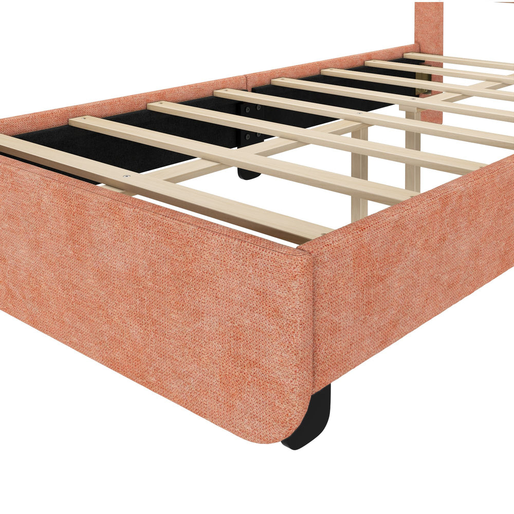 Modern orange fabric platform bed frame with wooden slats and corner foot detail.