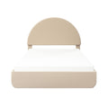 Beige fabric-upholstered bed with rounded arched headboard and white quilted mattress, modern minimalist platform bedroom furniture, front view