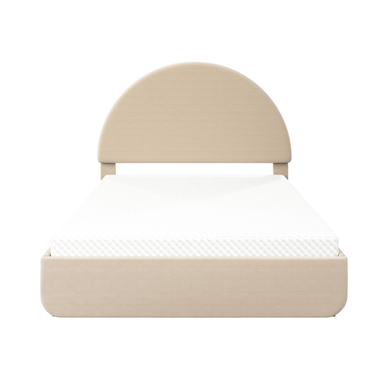 Beige fabric-upholstered bed with rounded arched headboard and white quilted mattress, modern minimalist platform bedroom furniture, front view