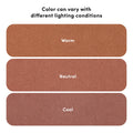 Rust-colored woven fabric color swatches labeled Warm, Neutral, Cool with visible texture and the note “Color can vary with different lighting conditions” illustrating lighting effects on hue