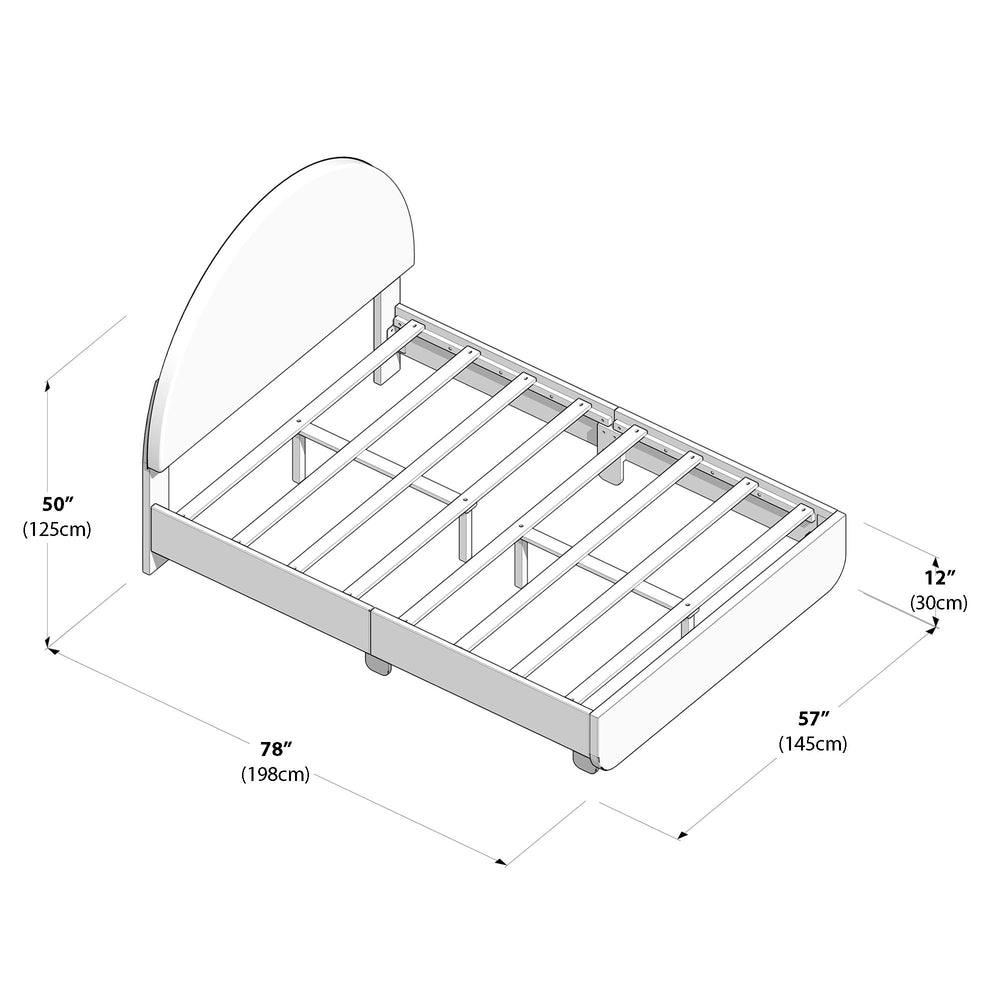 Wooden bed frame dimensions illustration with headboard, showing length, width, and height measurements in inches and centimeters.