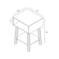 Mid-century modern nightstand bedside table with open cubby and lower shelf, angled legs, compact dimensions 17.75" L x 16.25" W x 25.5" H with 8" cubby opening