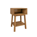Mid-century modern oak bedside table with open storage cubby and lower shelf on tapered legs, compact wooden nightstand