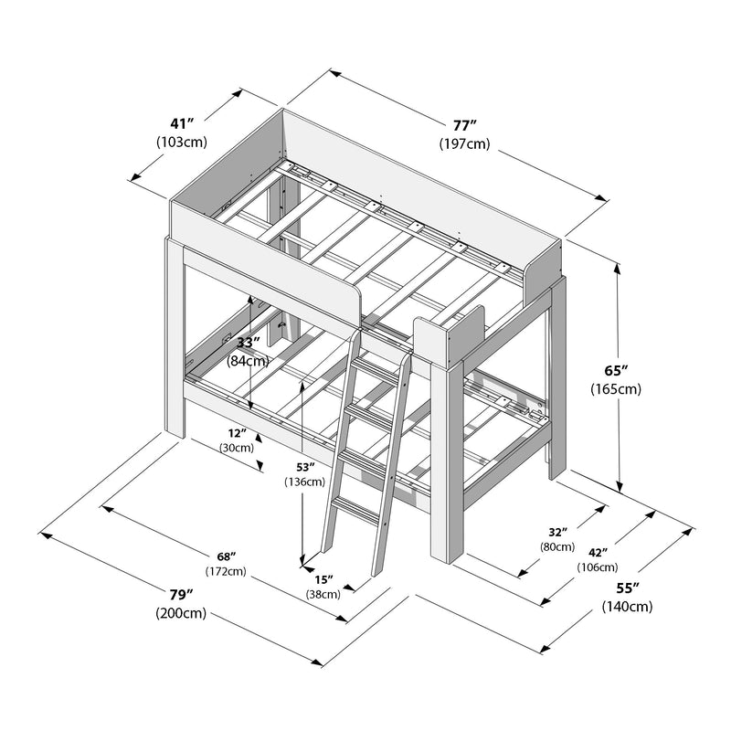Isometric technical diagram of a wooden bunk bed frame with ladder and guardrails, annotated with detailed dimensions and measurements in inches and centimeters for assembly and space planning