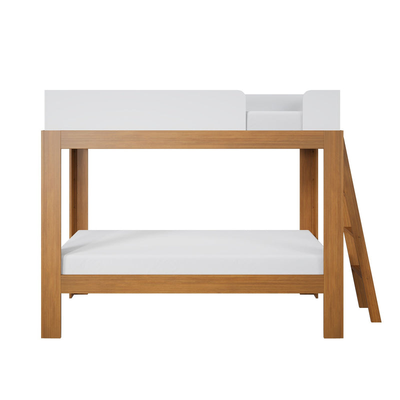 Natural oak wooden loft bunk bed with ladder, white guardrail and twin mattress — modern minimalist kids' bed frame