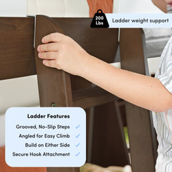 Close-up of a hand gripping a wooden bunk bed ladder with grooved no-slip steps, angled design, secure hook attachment and 200 lb weight support