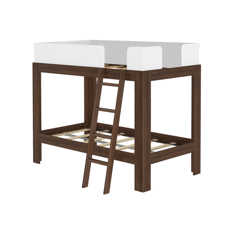 Walnut-finish wooden loft bed frame with white safety guardrails, angled ladder and open under-bed storage space