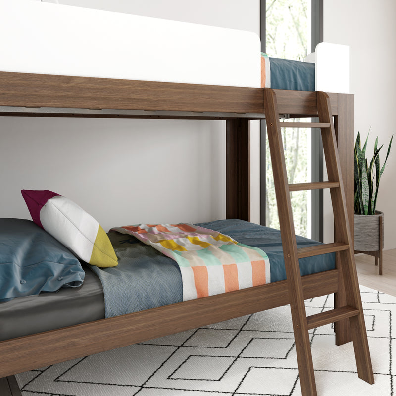 Modern solid wood loft bunk bed with ladder, blue bedding and colorful throw in a bright minimalist bedroom with potted plant