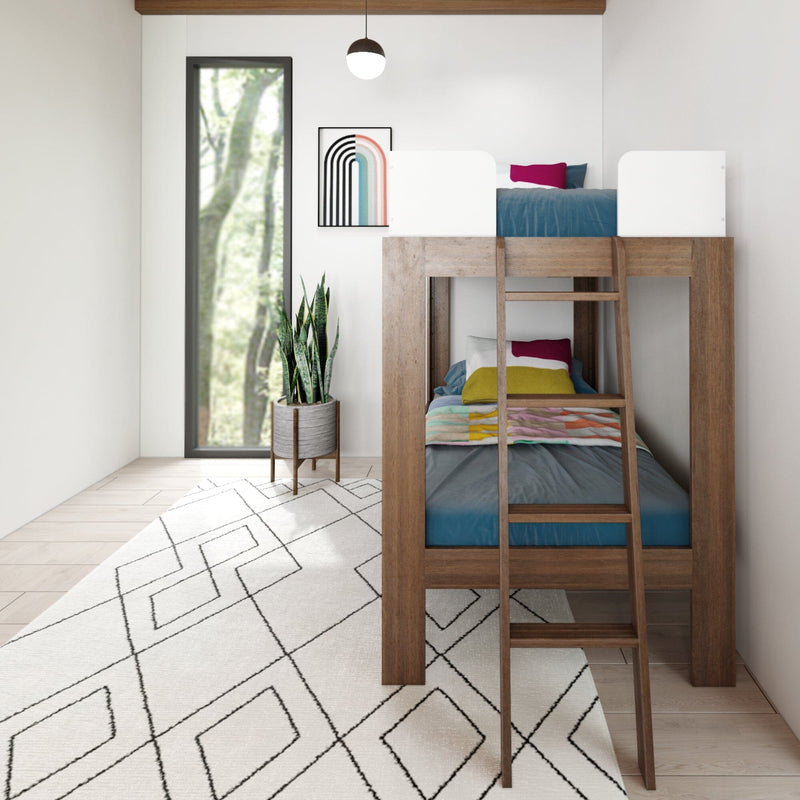 Modern bedroom with wooden bunk bed, geometric rug, and plant near a large window.