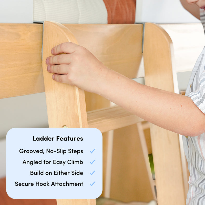 Child climbing a wooden bunk bed ladder with safety features including grooved, no-slip steps and secure hook attachment.