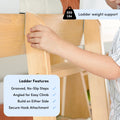 Light wood bunk bed ladder with grooved no-slip steps and secure hook attachment, angled for easy climb and supports up to 200 lbs