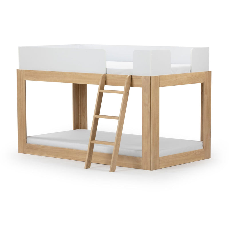 Light natural wood twin-over-twin loft bunk bed with white safety rails and ladder, modern space-saving children's bedroom furniture