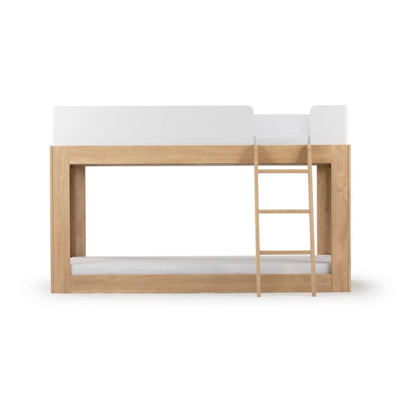 Modern twin-over-twin wooden bunk bed with ladder and white safety guardrail, natural wood finish children's bedroom furniture