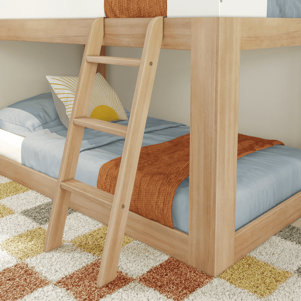 200214-520 : Bunk Beds Mid-Century Modern Twin Low Bunk, White/Blonde