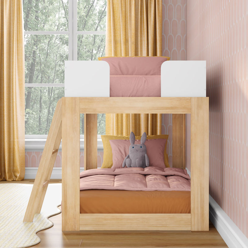 Modern wooden loft bunk bed with pink and mustard bedding, plush rabbit toy on lower bed, ladder and large window in styled children's bedroom