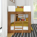 Modern wooden bunk bed with ladder and white safety rails, mustard yellow quilt and colorful pillows in a bright kids' bedroom