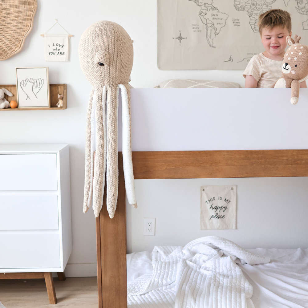 200214-527 : Bunk Beds Mid-Century Modern Twin Over Twin Low Bunk Bed, White/Pecan