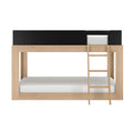 Modern wooden loft bunk bed with ladder and black safety rail, natural oak finish, upper mattress and lower bed platform