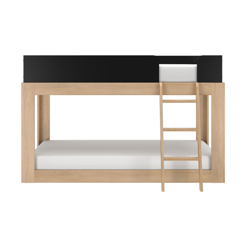 Modern wooden loft bunk bed with ladder and black safety rail, natural oak finish, upper mattress and lower bed platform