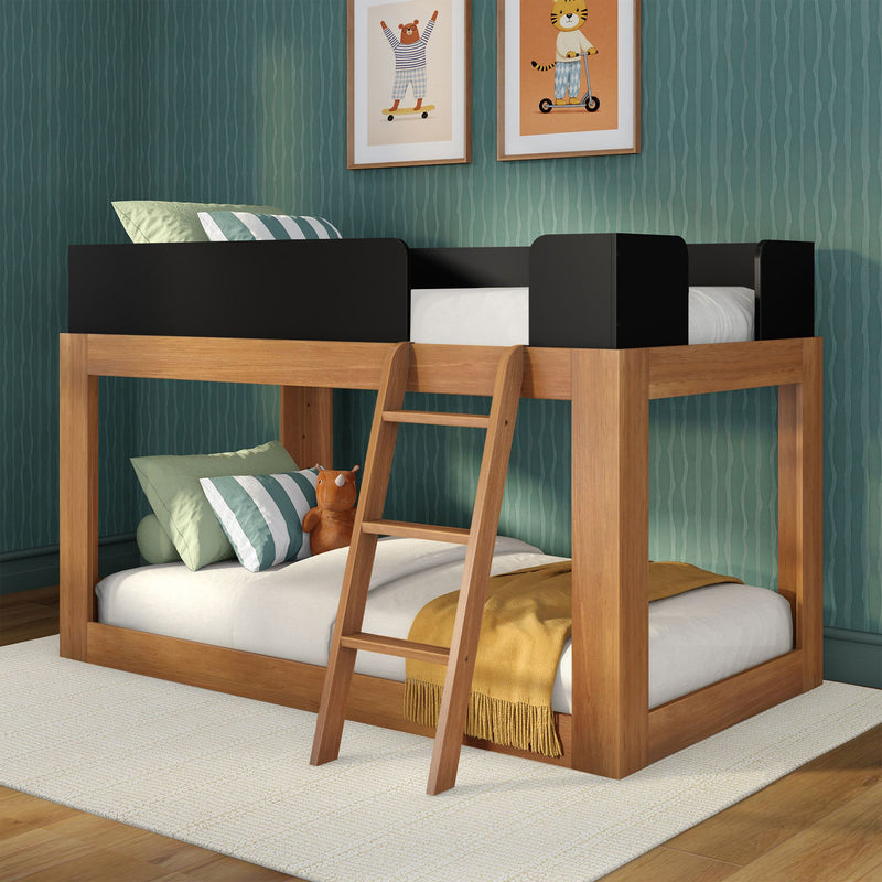 Modern wooden loft bunk bed with ladder, green textured wallpaper, striped pillows and yellow throw in children's bedroom