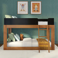 Wooden loft bunk bed in a kids’ bedroom with teal wavy wallpaper, framed animal prints, green striped pillows, plush toy and mustard yellow blanket