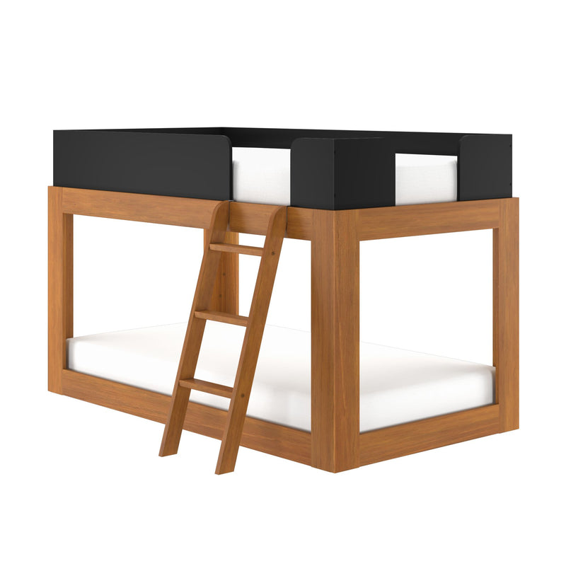 Solid wood twin loft bed with integrated ladder and black safety guard rails, space-saving modern bunk bed design