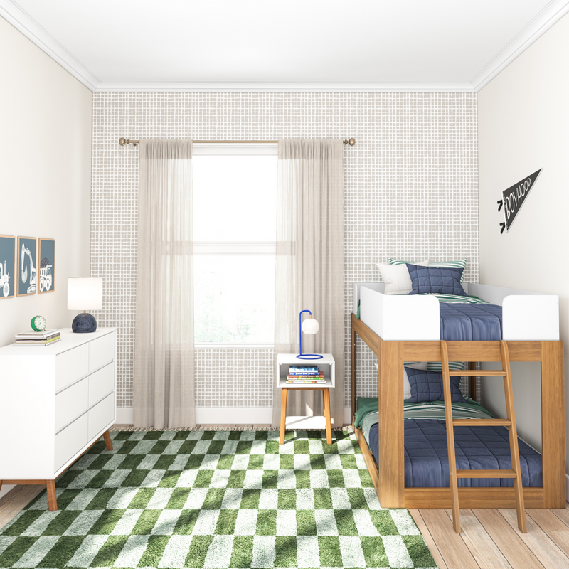 Modern kids' bedroom with loft bed, checkered green carpet, and minimalist decor.