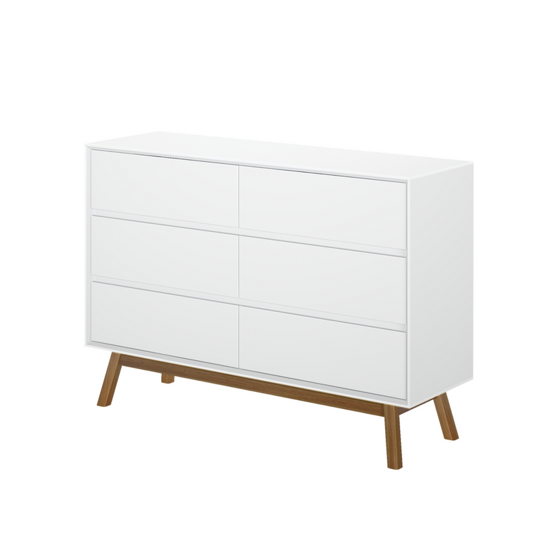 Modern white dresser with six drawers and wooden legs.