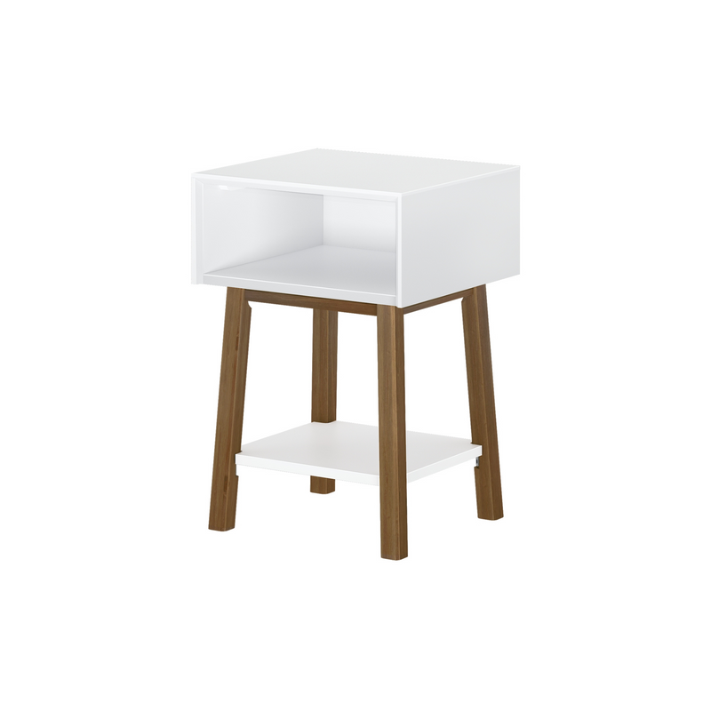 White and wood modern nightstand with open storage shelf.