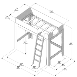 Loft bed dimensions diagram: raised wooden twin-size loft bed with ladder and safety rails, annotated measurements in inches and centimeters (76" L x 41" W x 68" H, 53" under-bed clearance) for space planning