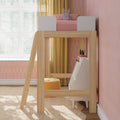 Wooden loft bed with ladder in pink children's bedroom, pink bedding and rabbit plush, yellow curtains and patterned wallpaper