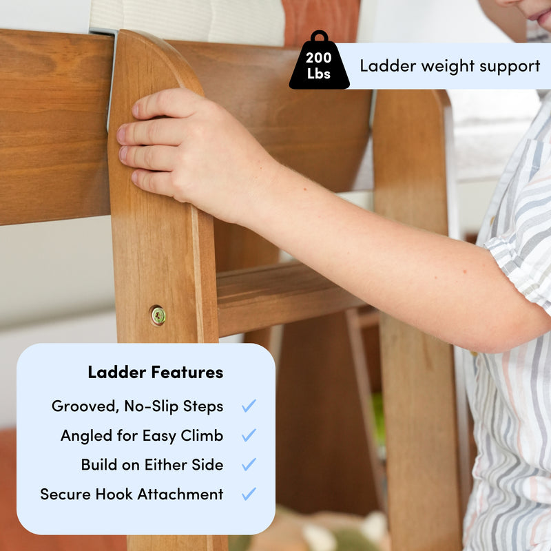 Child climbing wooden ladder with 200 lbs weight support, featuring grooved no-slip steps, angled design, build on either side, and secure hook attachment for easy and safe ascent.