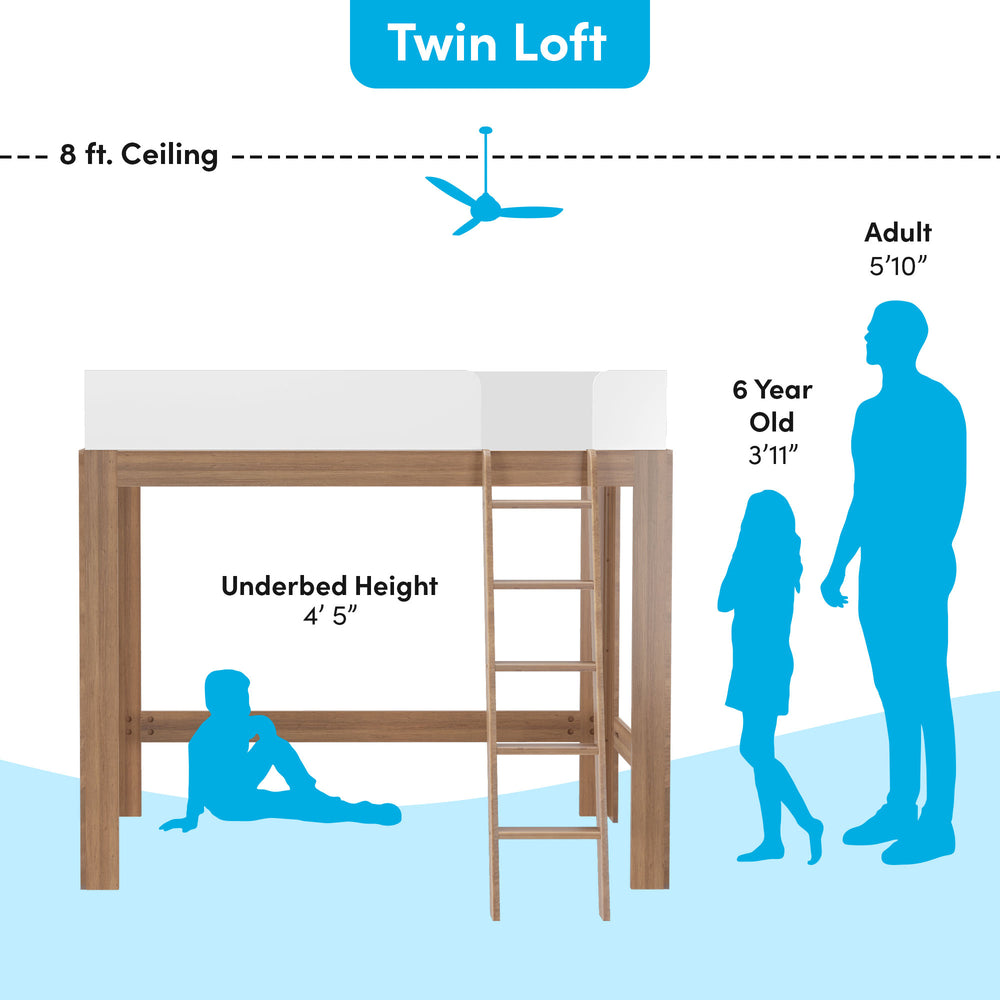 Diagram of a twin loft bed with 4' 5'' underbed height, suitable for 8 ft ceilings, showing scale with adult and child figures.