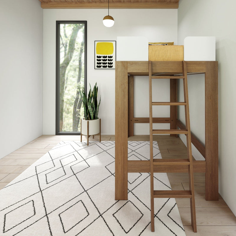 Modern minimalist bedroom with wooden loft bed and ladder, geometric white area rug, potted snake plant, tall narrow window showing forest view and yellow abstract wall art