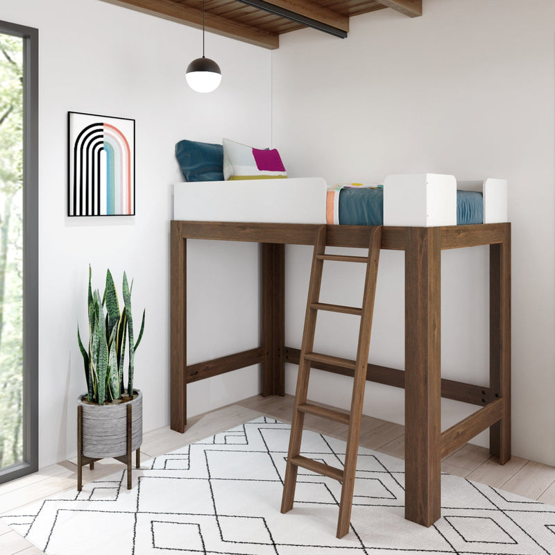 Loft bed with wooden ladder in modern bedroom featuring abstract wall art and indoor plant.