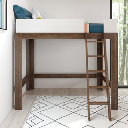 200227-528 : Loft Beds Mid-Century Modern Twin-Size High Loft Bed, White/Walnut