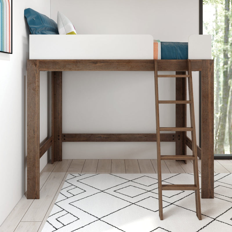 Wooden loft bed with ladder in a modern, minimalist bedroom with natural light.