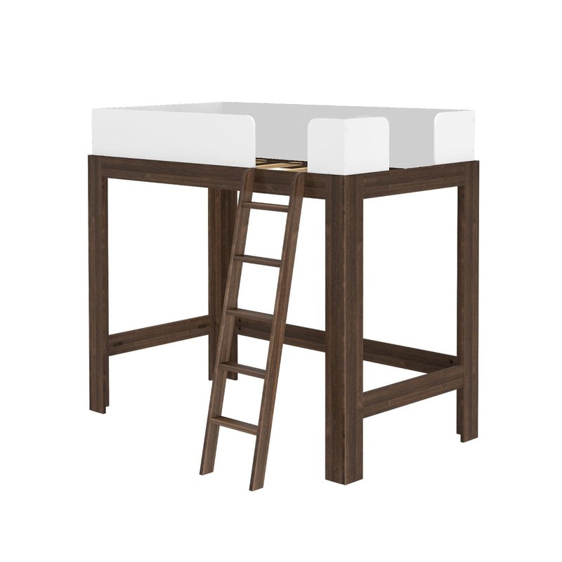 Wooden loft bed with ladder and white guardrails for kids or teens.