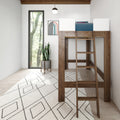 Scandinavian minimalist bedroom with rustic wooden loft bed and ladder, blue bedding, geometric rug, potted snake plant and large window