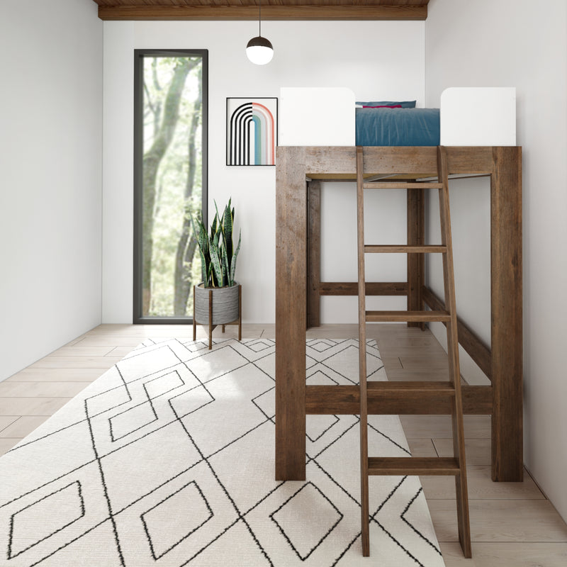 Scandinavian minimalist bedroom with rustic wooden loft bed and ladder, blue bedding, geometric rug, potted snake plant and large window