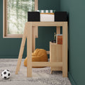 Modern wooden kids loft bed with ladder, built-in desk and storage in a children's room with green accent wall, large window showing forest view, mustard beanbag, soccer ball and books