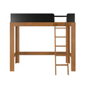 Oak wooden loft bed with ladder and black safety rail, elevated bunk bed frame for small bedrooms, modern space-saving furniture