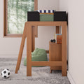 Wooden kids loft bed with ladder, green bean bag, soccer ball, bookshelf with books and trophy, window with forest view