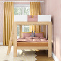 Wooden loft bunk bed with pink bedding and stuffed rabbit, mustard yellow curtains and pink patterned wallpaper in cozy children's bedroom